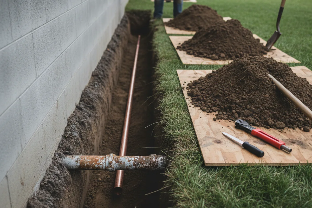 Excavated water line trench during Sewer Line Repair in Star Tannery